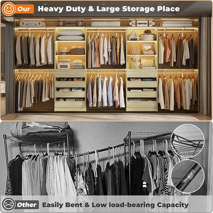 Aheaplus Closet System with Drawers Set of 2, Wood Closet Organizer System with 8 Hanging Rods & Top Shelves, Walk-in Closets Organizer Wardrobe Clothes Rack, Cut Fits Spaces 4-9FT. Wide, White Oak1