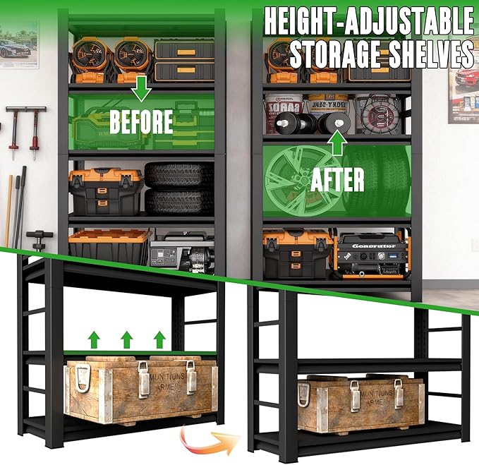 Metal Garage Shelving Unit,Heavy Duty 5-Tier Adjustable Storage Shelves,3000 lbs Capacity,Industrial Shelves for Heavy Tools and Equipment,for Garage,Basement (Black, 39.4" Wx13.8 Dx71 H)