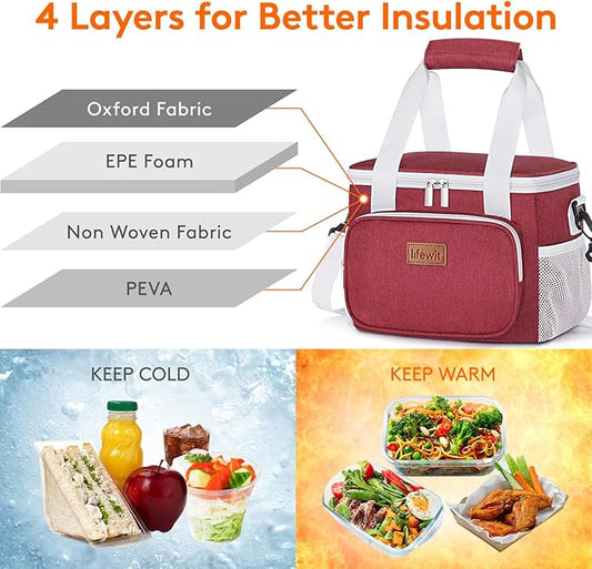 Lifewit Medium Lunch Bag Insulated Lunch Box Soft Cooler Cooling Tote for Adult Men Women, White and Red12-Can (9L)