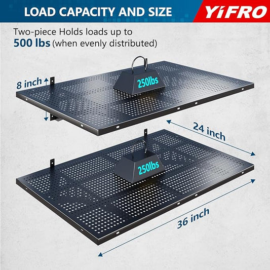 2-Pack 2x3ft Heavy Duty Garage Wall Shelving, 500 lbs Load Capacity, Garage Shelving Wall Mounted, Garage Storage Rack with Hooks, Black