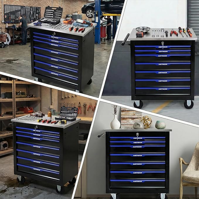 7-Drawer Rolling Tool Chest with Stainless Steel Worktop,Tool Chest with Secure Locking System,Mobile Storage Tool Cabinet with 360°Wheels and Padded Feet,for Home,Garage (Black+Blue)