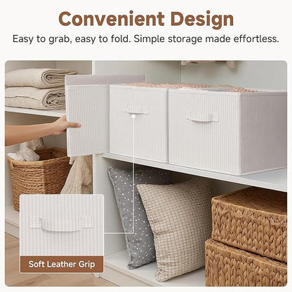 StorageWorks Foldable Shelf Organizer Bins, Closet Storage Baskets for Clothes, Storage Bins for Organization, Beige Stripes, 3-Pack, Extra Large