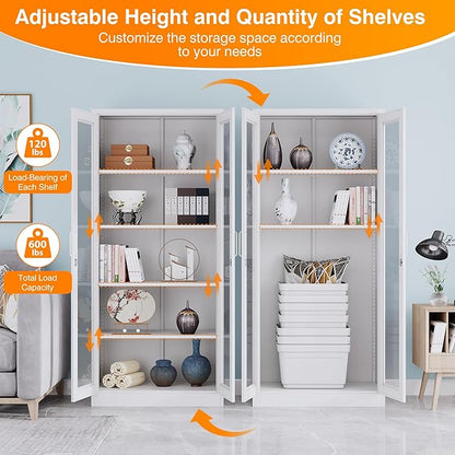 Tall Display Storage Cabinet with Tempered Glass Door, Metal Cabinet with 4 Adjustable Shelves for Home,Study,Living Room and Office (White)