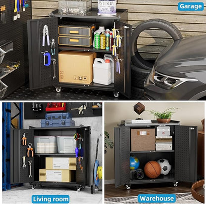 Aobabo 31.5" H Garage Storage Cabinet with Wheels,Lockable Metal Storage Cabinet with 2 Doors for Garage Home Office Storage,Black,Assembly Required