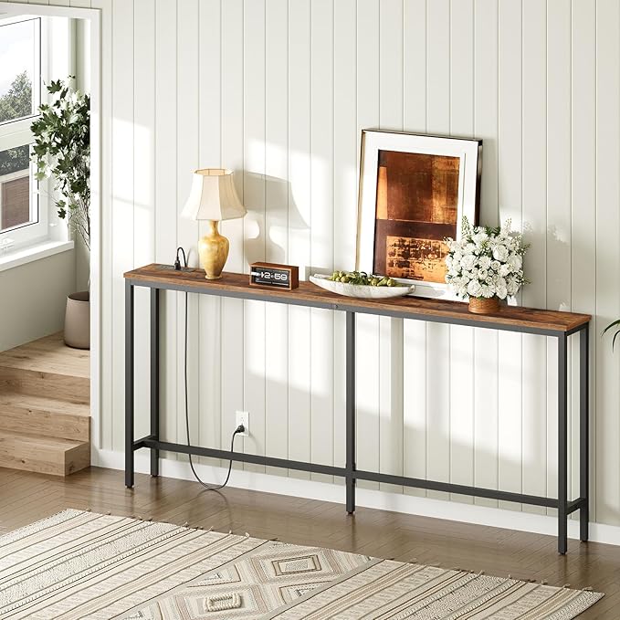 70.9'' Console Table with Power Outlet, Narrow Sofa Table with Charging Station, Skinny Behind Couch Table for Entryway, Hallway, Foyer, Living Room, Rustic Brown CTHR18E01Z1