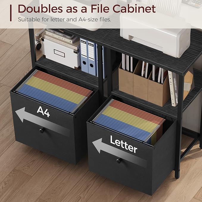 Printer Table with Storage, Home Printer Stand with File Cabinet, Fits A4/Letter Size Files, Printer Cabinet with Large Tabletop, Display Shelf, for Home Office, Black PTBK3501
