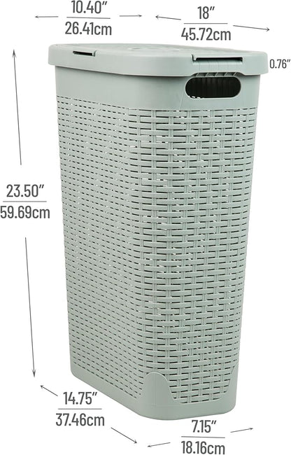 Mind Reader Slim Laundry Hamper with Lid, 40L Clothes Basket, Premium Wicker Design, Plastic, Mint