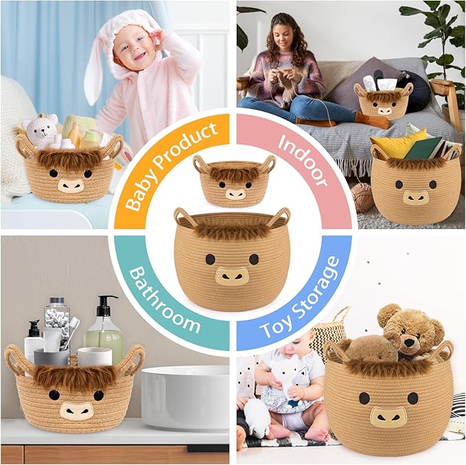 Highland Cute Cow Basket Set for Nursery, Woven Storage Cotton Rope Basket, Baby Blanket 0rganizer with Ears Handles, Blanket Towel Decor Toy Clothes Gifts Storage Cat Dog Bin, Pack of 2