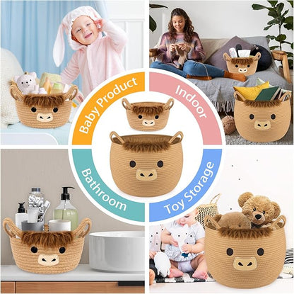 Highland Cute Cow Basket Set for Nursery, Woven Storage Cotton Rope Basket, Baby Blanket 0rganizer with Ears Handles, Blanket Towel Decor Toy Clothes Gifts Storage Cat Dog Bin, Pack of 2