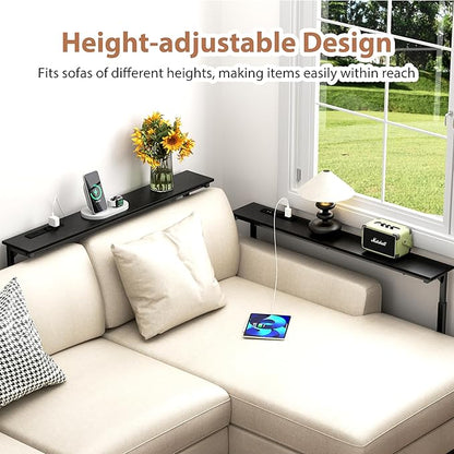 GRLEAF 2 Pack Adjustable Height Narrow Console Table with Power Outlets, 78.7" Long Sofa Table with Charging Station Behind Couch Table Skinny Entryway Table for Living Room and Hallway – Black