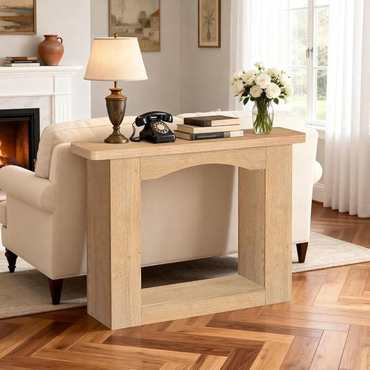 43 Inch Entryway Table U-Shaped Extension, 1.6 Inch Thick Desktop Wooden Console Table with Socket Farmhouse Sofa Table for Entrance, Hallway, Living Room,Behind Couch((Oak Brown)