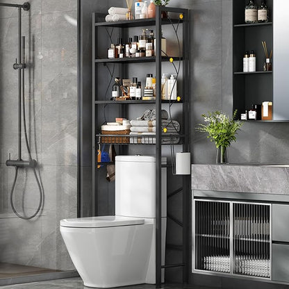 Over-The-Toilet Storage Rack, 4-Tier Bathroom Organizer Shelf Over Toilet with Adjustable Shelf and Basket, Freestanding Space Saver Bathroom Shelves Above Toilet for Room (Pure Black)
