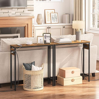 HOOBRO Narrow Console Table with Power Outlets, 29.5" Small Entryway Table with Charging Station, Thin Sofa Table, Side Table, for Hallway, Bedroom, Living Room, Rustic Brown and Black BF75UXG01