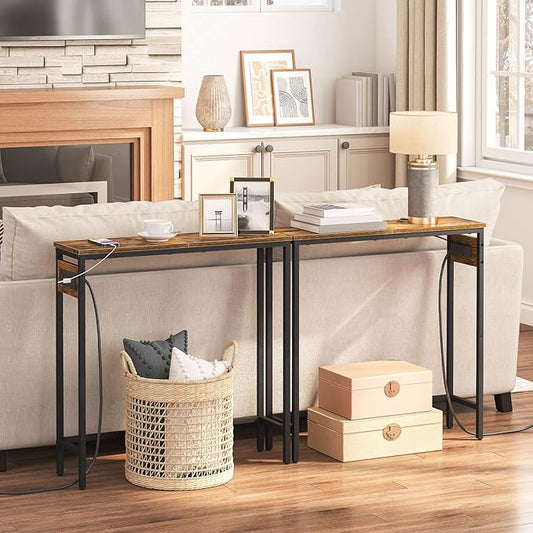 HOOBRO Narrow Console Table with Power Outlets, 29.5" Small Entryway Table with Charging Station, Thin Sofa Table, Side Table, for Hallway, Bedroom, Living Room, Rustic Brown and Black BF75UXG01