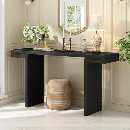 60" Large Console Table with Geometric Clean Lines Design,Stylish Entryway Table with Painted Finish and Adjustable Feet,Suitable for Living Room,Entryway,Hallway,Black