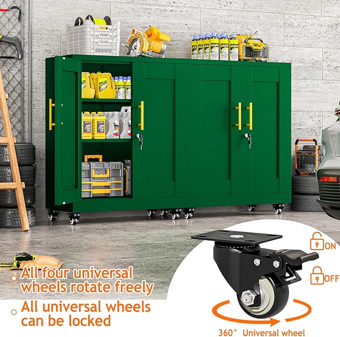 Metal Storage Cabinet with Wheels, 36" Tall Locking Storage Cabinet with 2 Adjustable Shelves, Locking Garage Cabinet, Steel Locker Organizer, for Office, Home, School, Green