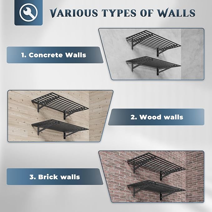 2-Pack 2x4ft Garage Shelving Wall Mounted, Heavy Duty Garage Wall Shelving with Hooks, 500 lbs Capacity Industrial Storage Shelves for Garage Organization