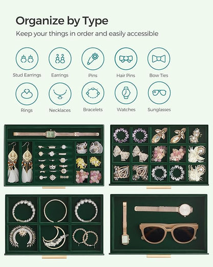 SONGMICS GISELLA Collection - Jewelry Box Organizer, 4-Layer Jewelry Storage with 3 Drawers, Shiny Metal Hardware, Glass Lid, Modern, 6 x 9.9 x 8.5 Inches, Forest Green and Gold Color UJBC161G01