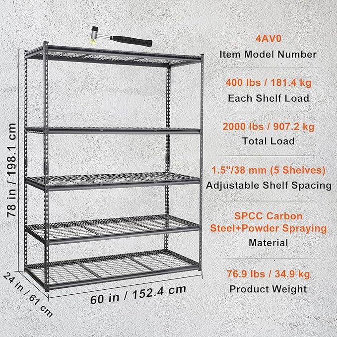 Heavy Duty Shelving - 5 Tire Garage Shelving 48x24x72in, Heavy Duty Garage Shelving Adjustable Height, Garage Shelving Units, Durable Storage Solution, Easy Assemble