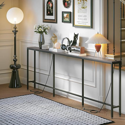 94.5" Behind Couch Table with 2 Fast Charging Stations, 7.1" Narrow Skinny Sofa Table with 4 Power Outlets, 4 USB-A, 2 USB-C for Console Entryway, Black Oak