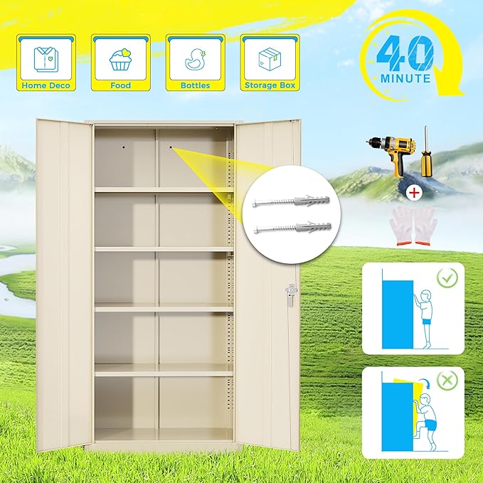 Pataku Metal Storage Cabinet, 72" Garage Cabinet with Doors and Shelves Lockable Steel Multifunctional Cabinets, File Cabinets for Home, Office, Warehouse(Putty)