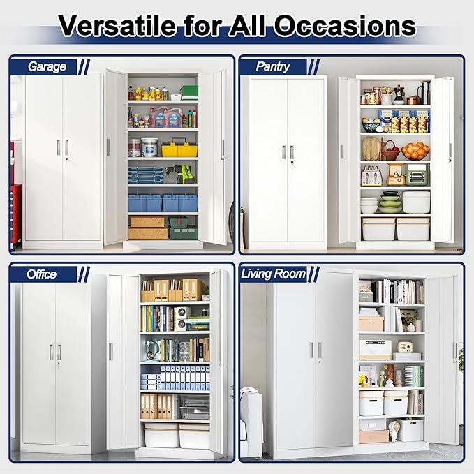 BESFUR Metal Garage Storage Cabinet with Locking Doors and 5 Adjustable Shelves, White Tall Storage Cabinets, Tool File Lockable Cabinet for Garage Office Warehouse Shop(71”H)