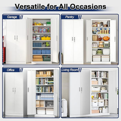 BESFUR Metal Garage Storage Cabinet with Locking Doors and 5 Adjustable Shelves, White Tall Storage Cabinets, Tool File Lockable Cabinet for Garage Office Warehouse Shop(71”H)