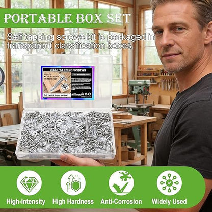 mxuteuk 420PCS #8×3/4" Self Tapping Screws,410 Stainless Steel Self Drilling Screws,Phillips Modified Truss Head Self Tapping Screw for Metal,Plastic,Wood(210pcs Silver Screw+210pcs Washer)