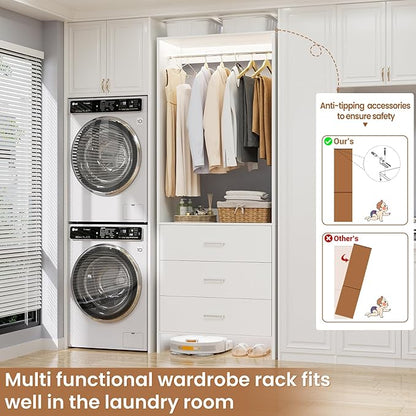 Aheaplus 2FT Closet System with 3 Drawers, 24’’ Closet Organizer, Wood Closet Organizer System, Walk-in Closet or Small Closets Wardrobe, Clothes Rack with Hanging Rods,-E6, White