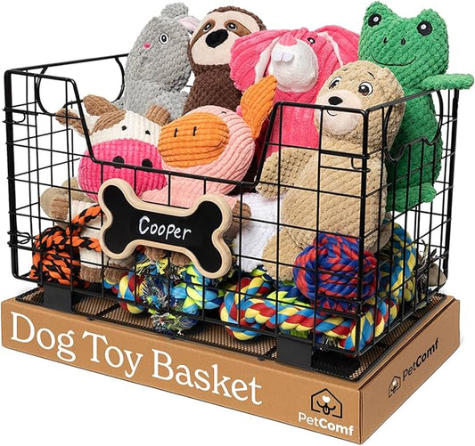 Metal Dog Toy Basket for Dogs and Cats (15” x 10” x 9”) - Heavy-Duty Storage Bin Holds Pet Chew Toys, Bones, Ropes, Blankets, Towels, Treats - Large Dog Toy Box for Living Room Area Organization