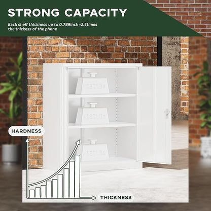 Greenvelly Metal Storage Cabinet, 36" Locking Storage Cabinet with Doors and Shelves, Lockable Storage Cabinets for Home Office, Utility Locker Cabinet, Steel Garage Cabinet with 2 Keys, White Grey