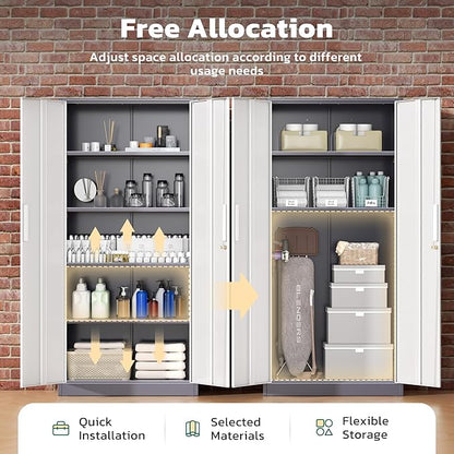 Greenvelly Metal Lockable Storage Cabinet, 72” Storage Cabinet with 2 Doors and 4 Adjustable Shelves for Office, Home, Garage, Pantry (Assembly Required, Grey White)