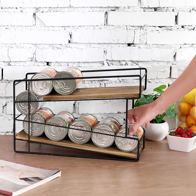 MyGift 2 Tier Stackable Can Holder for Pantry, Can Food Storage Dispenser Rack Organizer, Soda Pop, Pet Cat Dog Food, Rustic Solid Burnt Wood with Black Metal Wire Frame, Front Loading