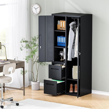 Metal Storage Cabinets Locker, 67" Locker with Clothes Rod, Lockable Freestanding Wardrobe for Office, Home, School, Laundry Room, Gym (Black)