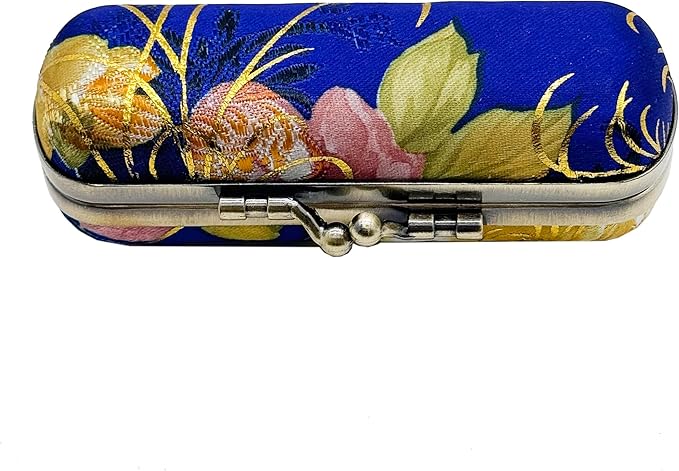 MIAO JIN Lipstick Case with Mirror Lipstick Holder Storage Bag Kiss Lock of Iron Mini Portable Vintage Floral Pattern Jewelry Cosmetic Case (Navy blue)