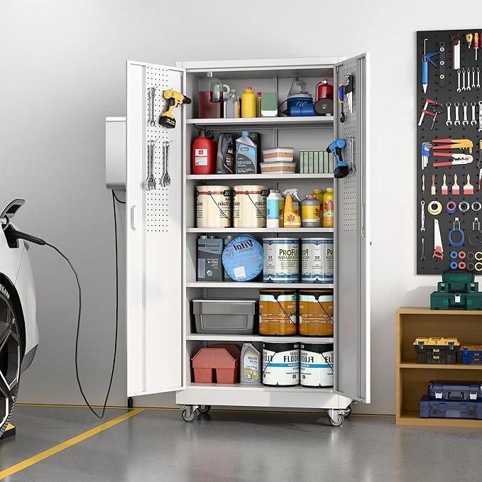 71" H Garage Storage Cabinet with Wheel, Metal Storage Cabinet with Doors,5 Adjustable Shelves and Pegboard for Garage Home Office,Required Assembly,White,71" H×32" W×16" D