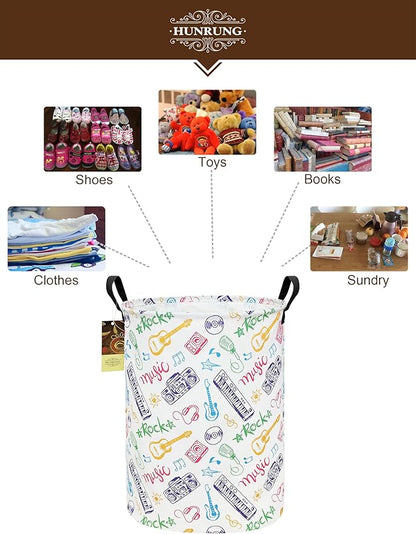 HUNRUNG Laundry Hamper,Large Canvas Fabric Lightweight Storage Basket Toy Organizer Dirty Clothes Collapsible Waterproof for College Dorms（Round-Musical instrument）