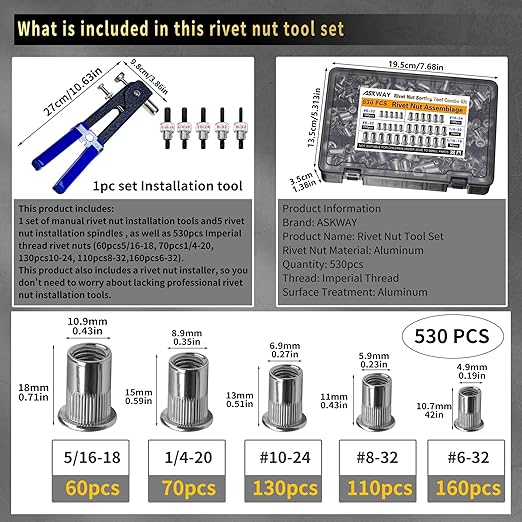 SAE Pressure Rivet Nut Tool Kit 530pcs, inch Rivet Nut Combination （5/16-18、1/4-20、10-24、8-32、6-32）,Suitable for Automotive, and Industrial Applications (SAE 530pcs Aluminum Rivet Nut)