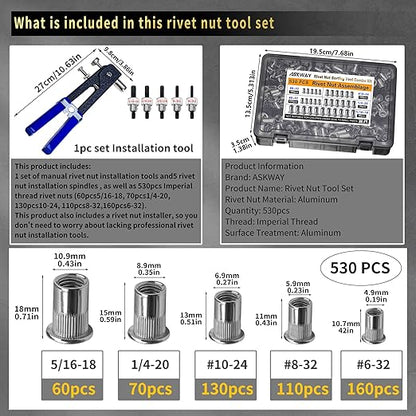 SAE Pressure Rivet Nut Tool Kit 530pcs, inch Rivet Nut Combination （5/16-18、1/4-20、10-24、8-32、6-32）,Suitable for Automotive, and Industrial Applications (SAE 530pcs Aluminum Rivet Nut)