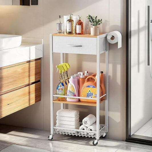 Lewondr Rolling Storage Cart with Drawers, 3-Tier Laundry Room Shelves, Sturdy Bathroom Organizer Shelf with Wood Top, Rolling Drawer Cart with Handle and Wheels for Kitchen, Office, Classroom, White