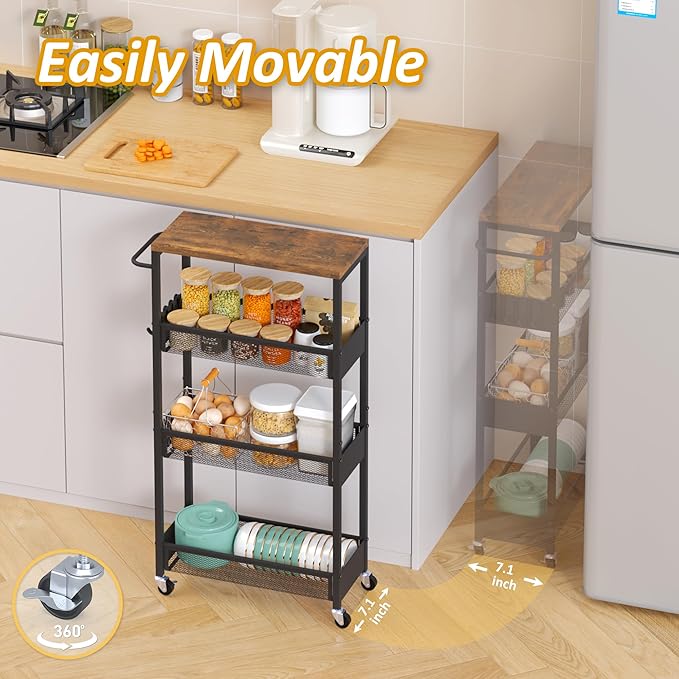 Slim Rolling Utility Cart, 4 Tier Metal Narrow Storage Cart with Handle and Wood Top, Multifunctional Small Mobile Shelf Unit Organizer Trolley for Laundry, Bathroom, Kitchen