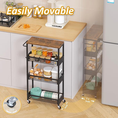 Slim Rolling Utility Cart, 4 Tier Metal Narrow Storage Cart with Handle and Wood Top, Multifunctional Small Mobile Shelf Unit Organizer Trolley for Laundry, Bathroom, Kitchen