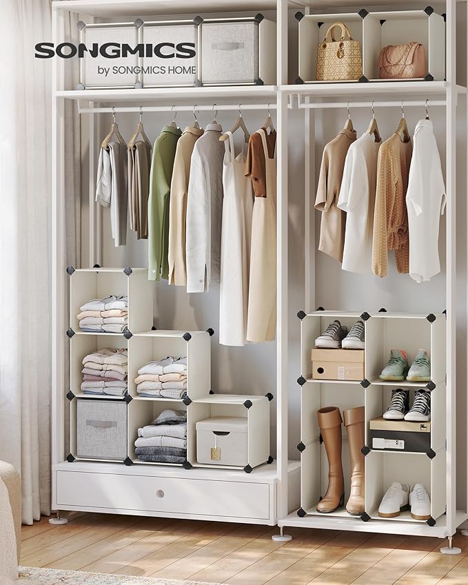 SONGMICS Cube Storage Organizer, Set of 16 Plastic Cubes, Book Shelf, Closet Organizers and Storage, Room Organization, Bedroom Living Room, 12.2 x 48.4 x 48.4 Inches, Cream White ULPC442M01