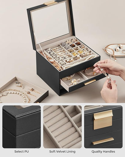 SONGMICS GISELLA Collection - Jewelry Box Organizer, 4-Layer Jewelry Storage with 3 Drawers, Shiny Metal Hardware, Glass Lid, Modern, 8 x 9.1 x 6.5 Inches, Ink Black and Gold Color UJBC173B01