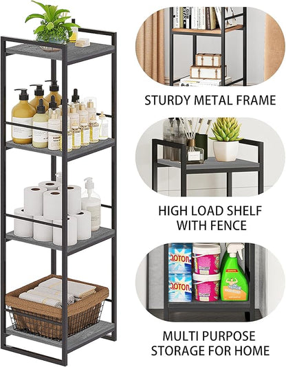 BYFU 4 Tier Bathroom Storage Open Shelf, Freestanding Metal Corner Storage Rack Shelving Unit for Bathroom Kitchen Living Room Hallway, Grey