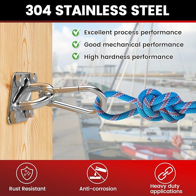 sprookber 304 Stainless Steel Pad Eye Snap Hooks, M10 Heavy Duty Ceiling Hook, 1700lb Capacity Hammock Swing Hanging kit, Plant Hangers, Marine Hardware Staple Hook Loop with Screws, Set of 8