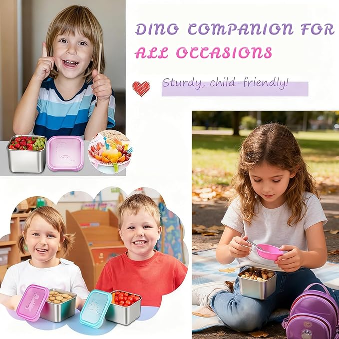 6-Pack Small (6 oz) Stainless Steel Snack Containers for Kids, Easy-Open Toddler Snack Containers with Lids - Cute Dinosaur Small Stackable Metal Snack Box for Daycare, School, Travel