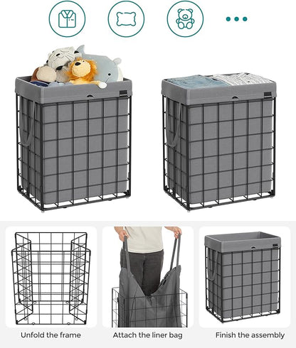 SONGMICS Laundry Hamper, 23.8 Gal. (90L) Laundry Basket, Collapsible Clothes Hamper, Removable and Washable Liner, Metal Wire Frame, for Bedroom Bathroom, Black and Gray ULCB190G01