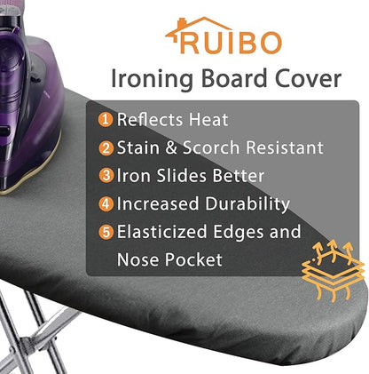 Ruibo Ironing Board Cover and Pad Extra Thick Heavy Duty Padding 4 Layers, Scorch and Stain Resistant,Elastic Edge Fit Standard Size 15x54 Inch/Gray