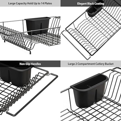 Simple Houseware Large Over Sink Counter Top Stainless Steel Dish Drainer Drying Rack with Utensil Holder, Black